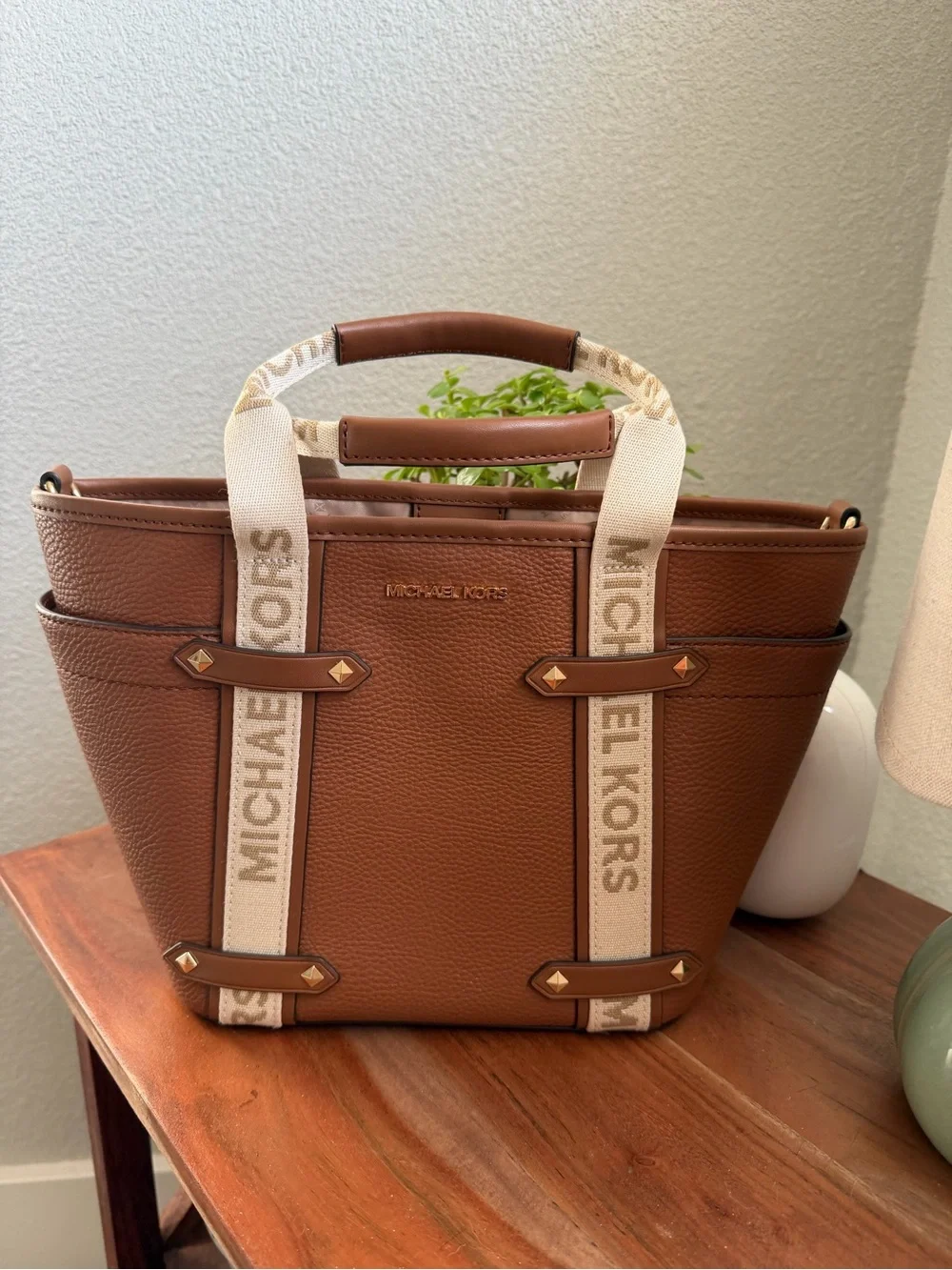Michael Kors Tan Pebbled Leather Tote with Logo Canvas Straps
